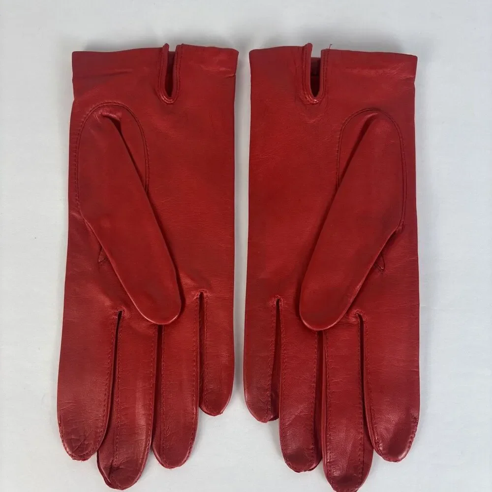 VTG Aris Women's Gloves Red Leather 100% Silk Lined Size 7 1/2 Wrist Length